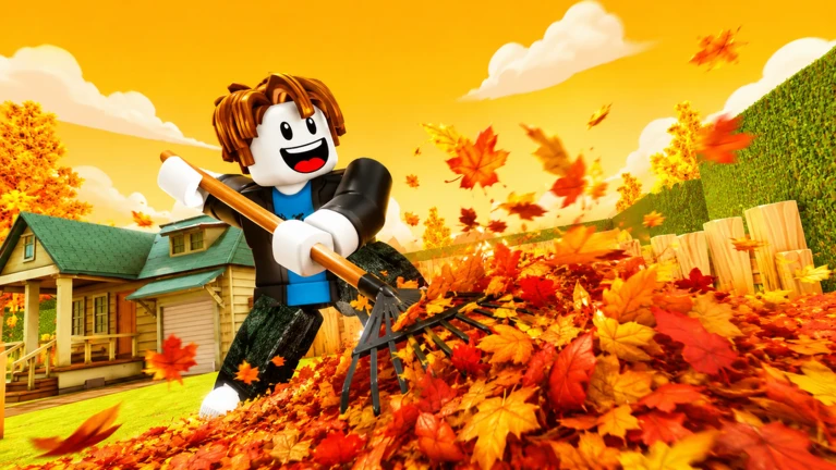 ภาพพรีวิวทางการ Clean all the leaves!: ตัวละคร Roblox ผมสีน้ำตาลสวมเสื้อสีดำและน้ำเงินกำลังใช้คราดสีดำเก็บใบไม้สีส้มในสนาม โดยมีบ้านอยู่ด้านหลัง
