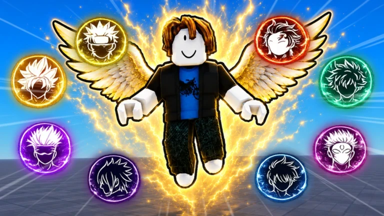 ภาพพรีวิวทางการ Anime Ability Arena: ตัวละครติดปีกอยู่กลางภาพและล้อมด้วยวงกลมเรืองแสงที่มีภาพใบหน้า