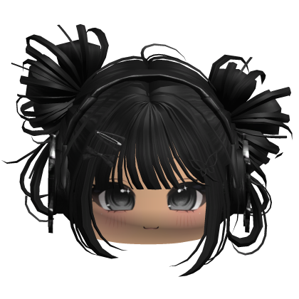 Messy Black Buns W/ Headphones & Chibi Face