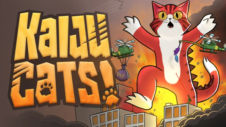 A large red cat looms over a city about to stomp on a building as helicopters try to lure it away with catnip and feathers.