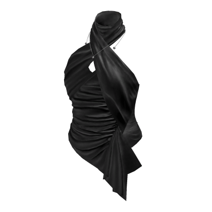 Satin Ruched Asymmetric Halter Top (Black)