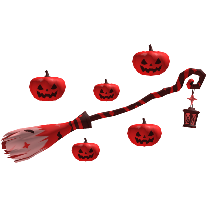 Red Halloween Witch Broom With Pumpkins