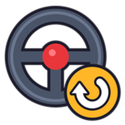 Store icon: a grey steering wheel with a red centre and an orange circular retry arrow in the corner
