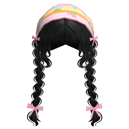 ♡ black braided pigtails + harajuku headscarf Roblox item