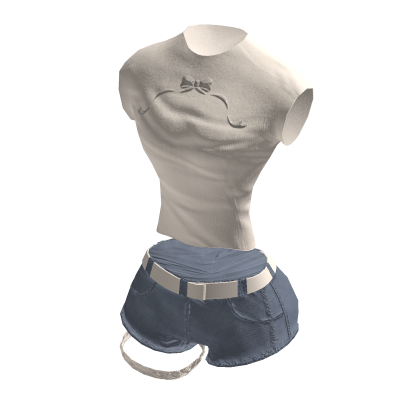 Y2K Ribbon Graphic Crop w/ Jean Shorts | Beige✔️ thumbnail