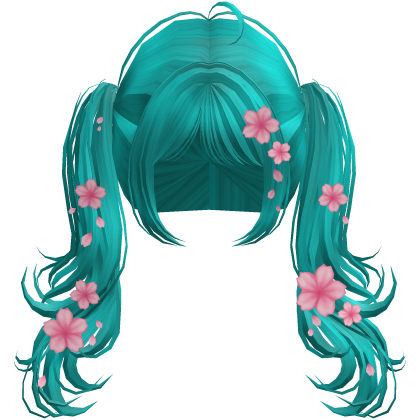 Flowy Wavy Pigtails w/ Sakura Petals (Aqua Teal) Roblox item