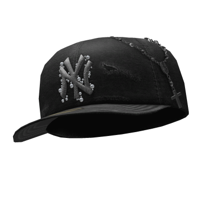 ✤ Black NY Fitted Cap with Rosary - Tilted