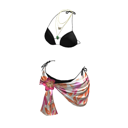 y2k Flower Bikini Wrap w Necklace (Black Floral) thumbnail
