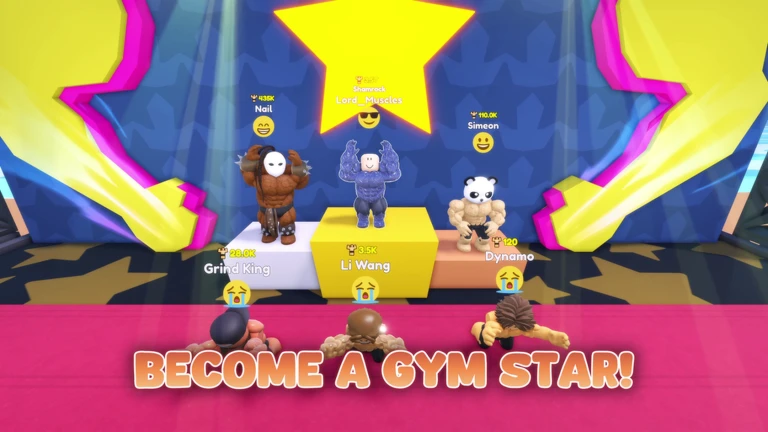 ตัวละครรูปร่างกล้ามยืนบนแท่นผู้ชนะสามตำแหน่ง มีคำว่า BECOME A GYM STAR