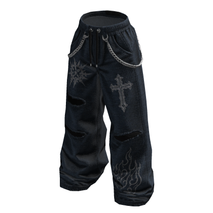Grunge Chain Baggy Pants (Dark Blue)