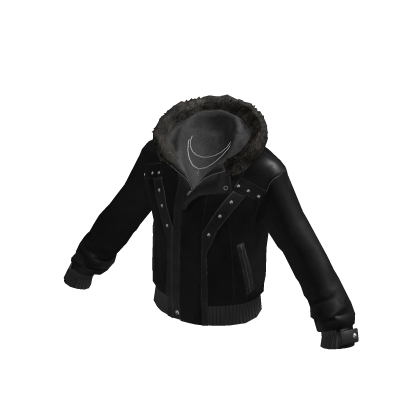 Y2K Leather Jacket w/ Fur Hood & Chain (Black)