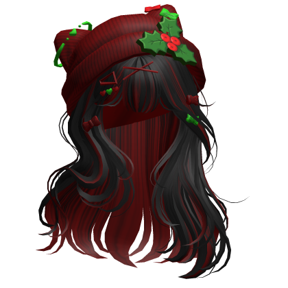 Lush Straight Hair w/ Holly Beanie (Black&Red) Roblox item