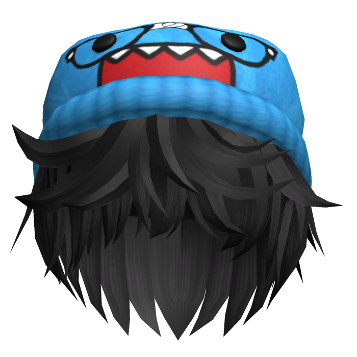 Black Messy Hair w Blue Domo Beanie