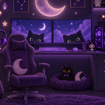 Purple Gaming Room Background Cute Night Black Cat