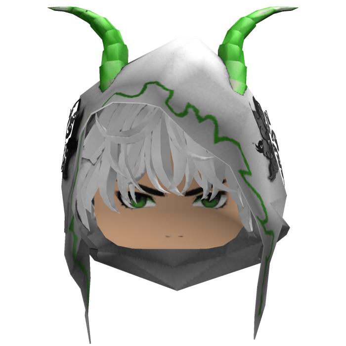 Anime boy messy white hair white/green hood demon