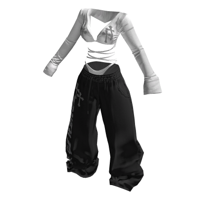 ♥Y2K Strap Top & Lowrise sweat pants set Wh & Bl♥ thumbnail