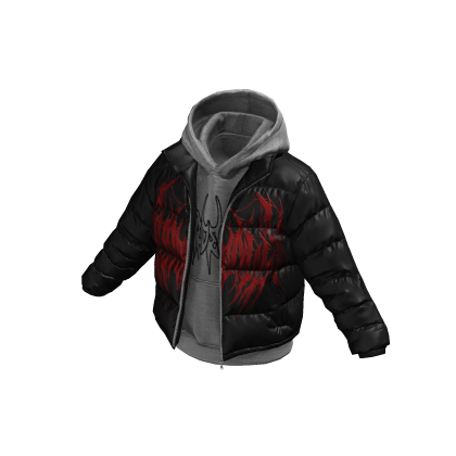 Grey Hoodie w/ Red Print Black Puffer Jacket