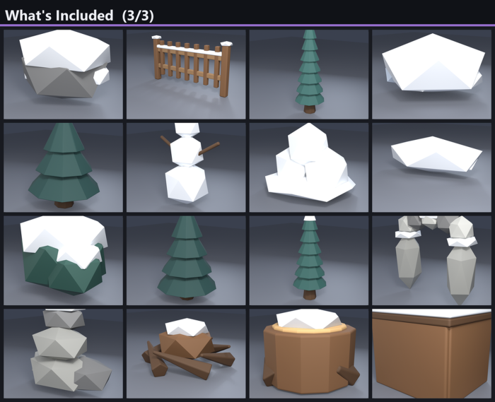 Low Poly Snow Forest Pack x50 Winter Pine Ice Rock preview 3