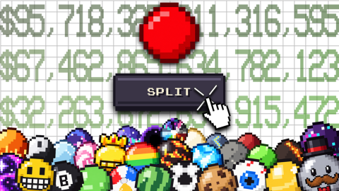Official Mitosis promotional art: a cursor clicking a SPLIT button under a red cell, with large cash numbers behind and a pile of decorated balls below.