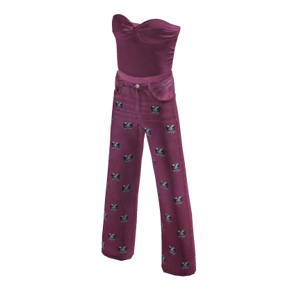 Y2K Cute Bow Pink Denim Jeans Off-shoulder Outfit