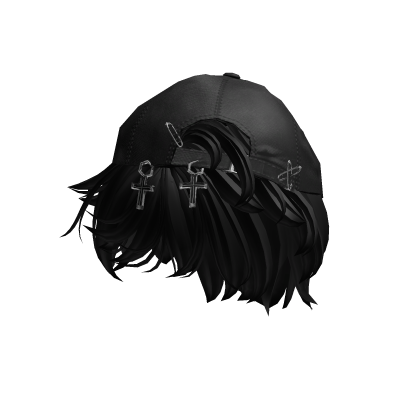 Black Messy Emo Hair w/ Y2K Gray Distressed Cap  Roblox item