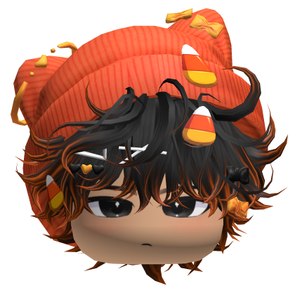 Rumpled Messy Hair w/ Candy Beanie (Black&Orange) Roblox item