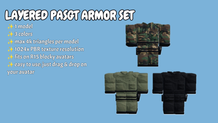 [R15 layered] 3 color PASGT armor set preview 1