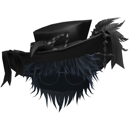 Blue Messy Anime Boy Hair w/ Top hat & Glasses Roblox item