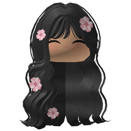 Cute Black Wavy Long Hair w/ Pink Flowers Roblox item