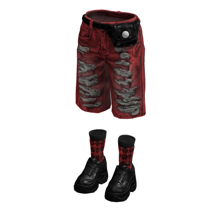 Denim Teared Stylish Jorts (Red Black)