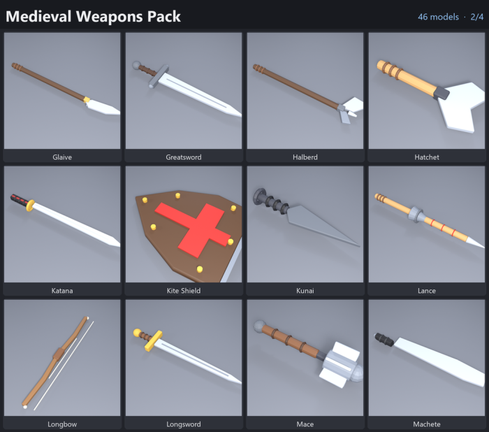 Low Poly Medieval Weapons Pack Sword Axe Bow x46 preview 2