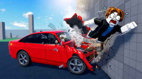 Official promotional art: a red sedan hits a tiled wall as its driver and a second Roblox figure fly out of the shattered windshield