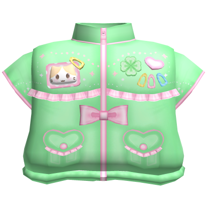 ♡ kawaii green collared jacket w kitty badge
