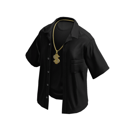 Unbuttoned Layered Black Shirt Gold Dollar Chain
