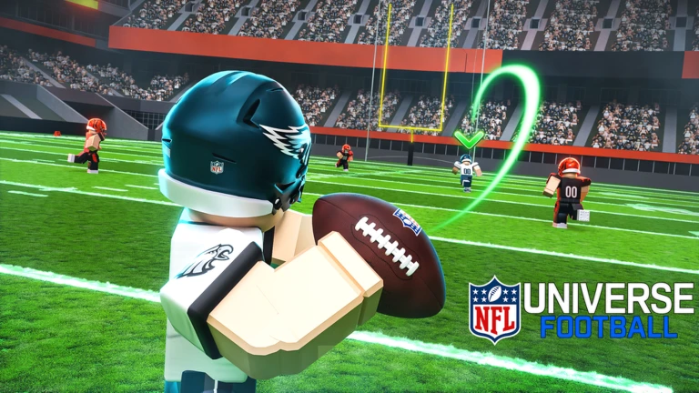 ภาพโปรโมตทางการ NFL Universe Football: มุมหลังผู้เล่น Philadelphia Eagles ถือบอลและมีเส้นวิถีขว้างสีเขียวไปยังตัวรับ