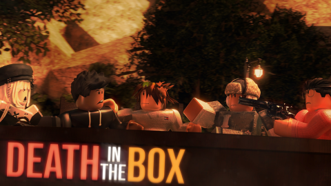 Official promotional art: Roblox characters gather around a box among trees and warm lantern light.