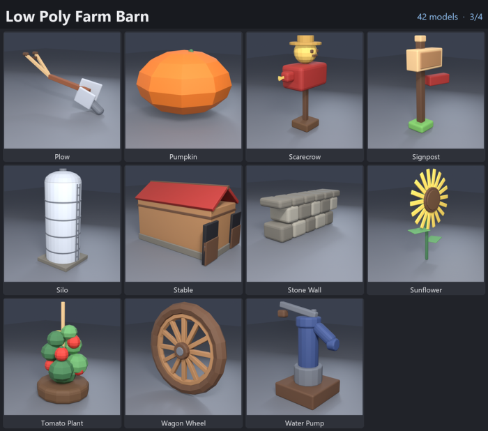 Low Poly Farm Barn Silo Windmill Tractor x42 preview 3