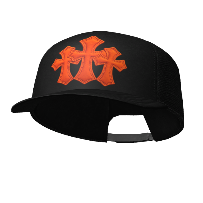 Black orange tilted cross trucker cap