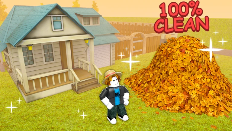 Clean all the leaves Roblox thumbnail with a large autumn leaf pile and a player avatar