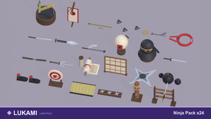 Low Poly Ninja Pack x24 Weapons Gear Dojo Props preview 1