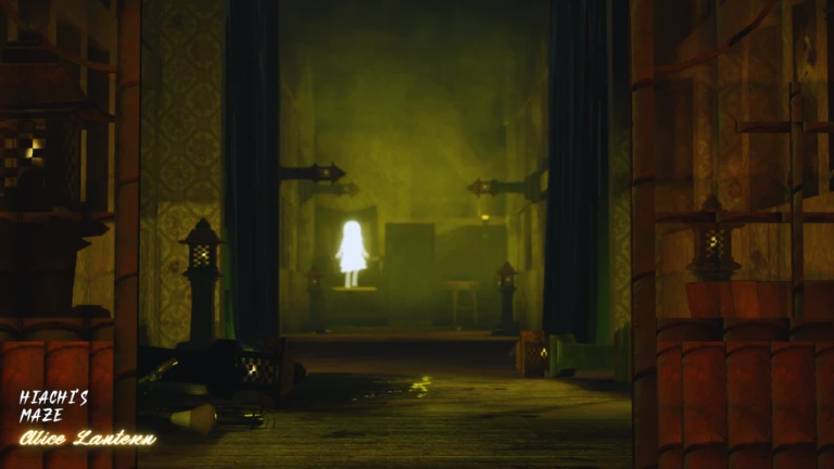 Dim lantern-lit corridor in the Roblox experience Hiachi's Maze