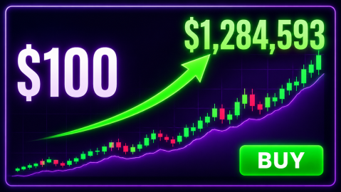 Promotional art: a green arrow curves from a glowing $100 up to $1,284,593 above a rising candlestick chart, with a green BUY button in the corner