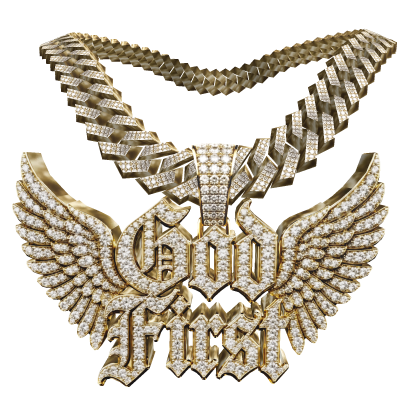 4.0 God first gold chain iced out w angel wings 