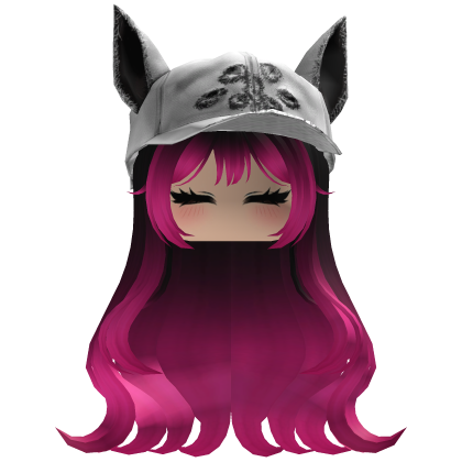 Fluffy emo black and pink hair white cat cap y2k