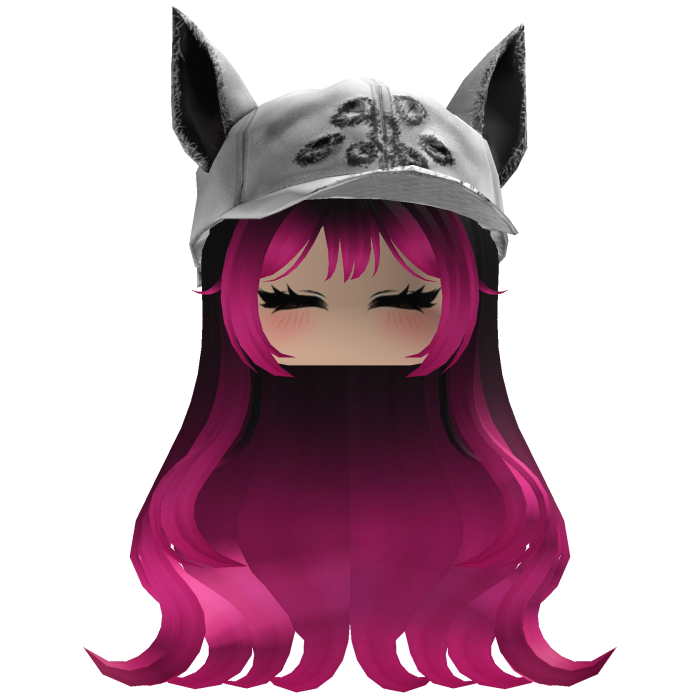 Fluffy emo black and pink hair white cat cap y2k