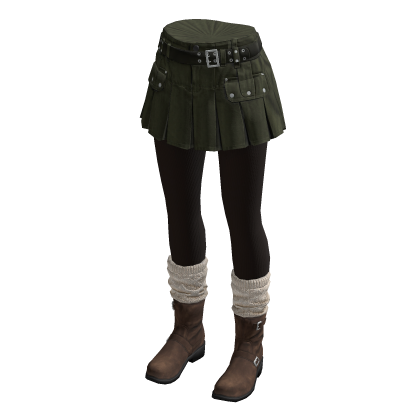 Belted Pleated Skirt with Boots (Olive)