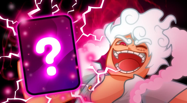 ภาพวาดโปรโมต Anime Card Clash ตัวละครผมขาวกับการ์ดเครื่องหมายคำถามสีม่วง