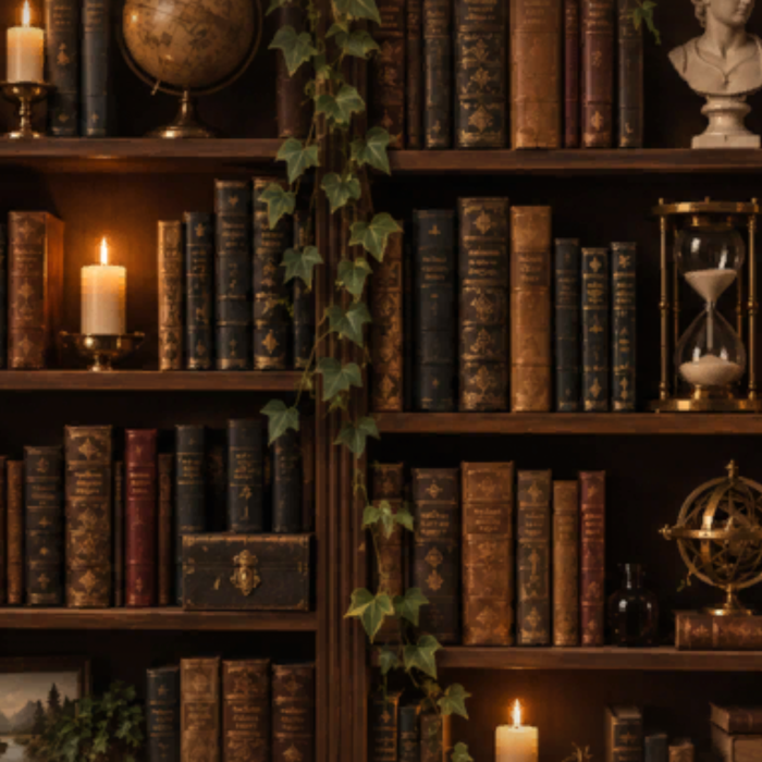 Dark Academia Library Books Candles Ivy Background