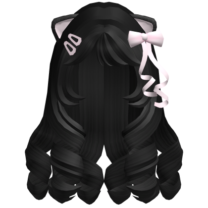 Cutecore Curly Hair w/ Bow & Cat Ears (Black) Roblox item