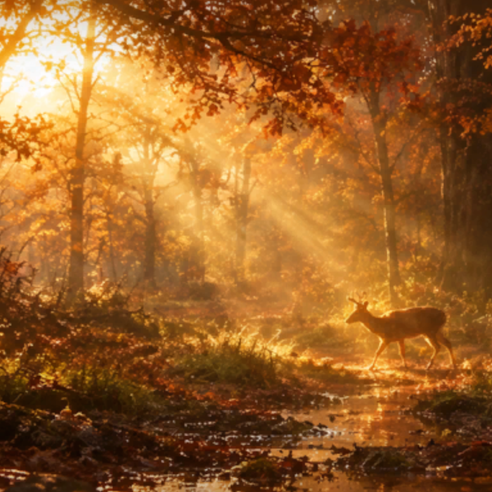 Ethereal Autumn Deer Forest Sun Nature Background